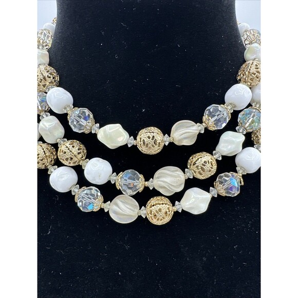 Vendome Coro Necklace Vintage Three 3 Strands Gold Cage Milk Glass Beads - Picture 3 of 12